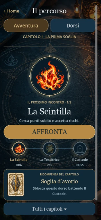 La schermata Avventura del primo capitolo: La Scintilla, La Tessitrice e Il Custode